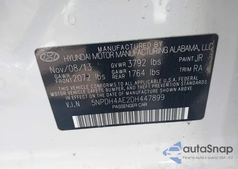2013 Hyundai Elantra Gls z USA, uszkodzony, nr VIN 5NPDH4AE2DH447899